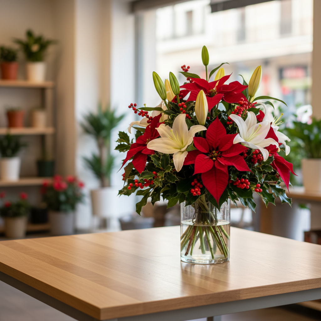Imagen de flores navideñas con poinsettias y lirios en Málaga