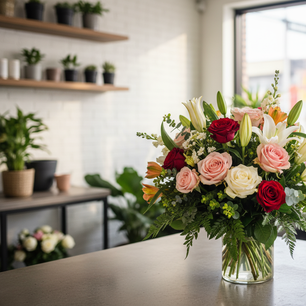 Imagen de flores mixtas con rosas y lirios en Málaga